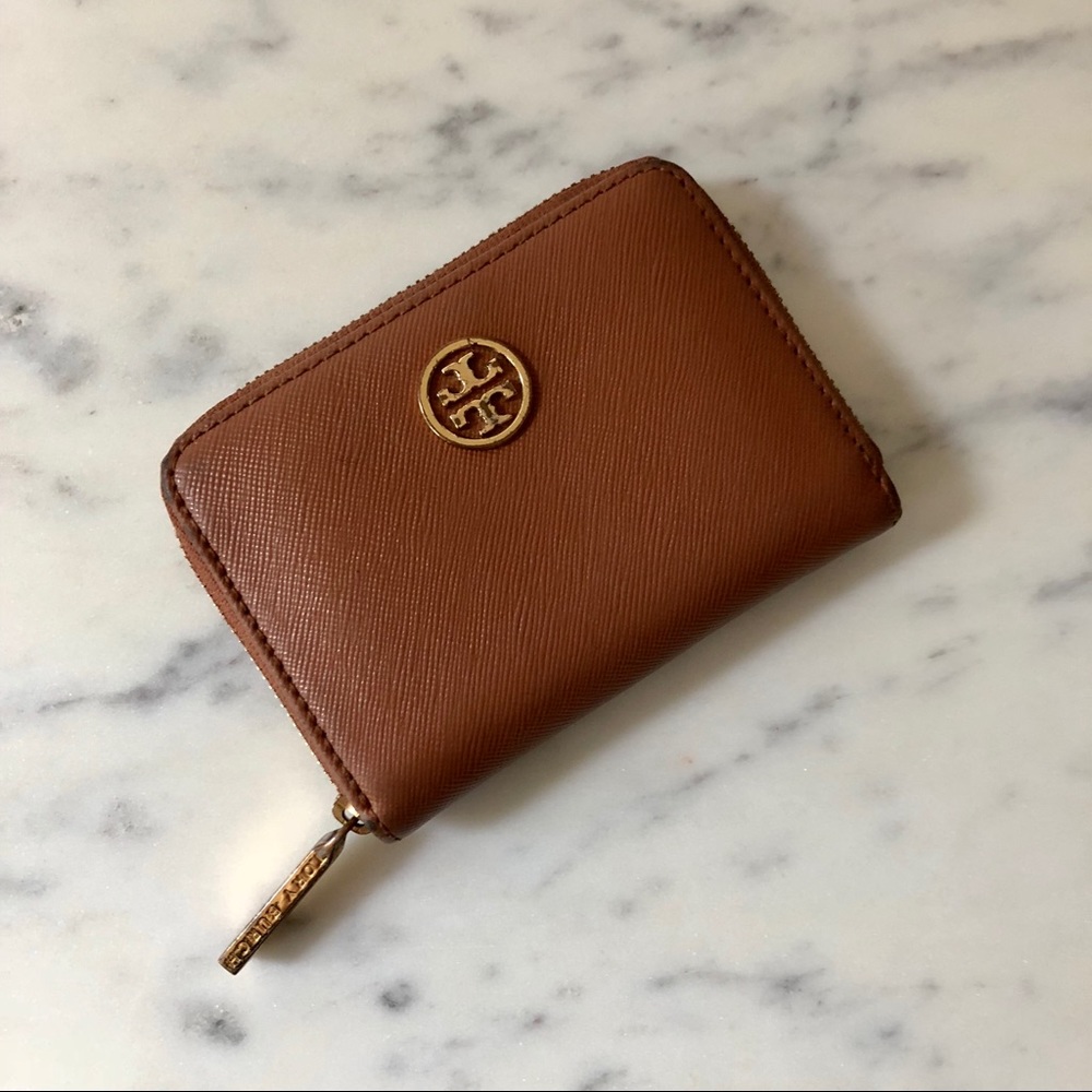 Tory Burch “Robinson” Zip Coin Case in Cognac